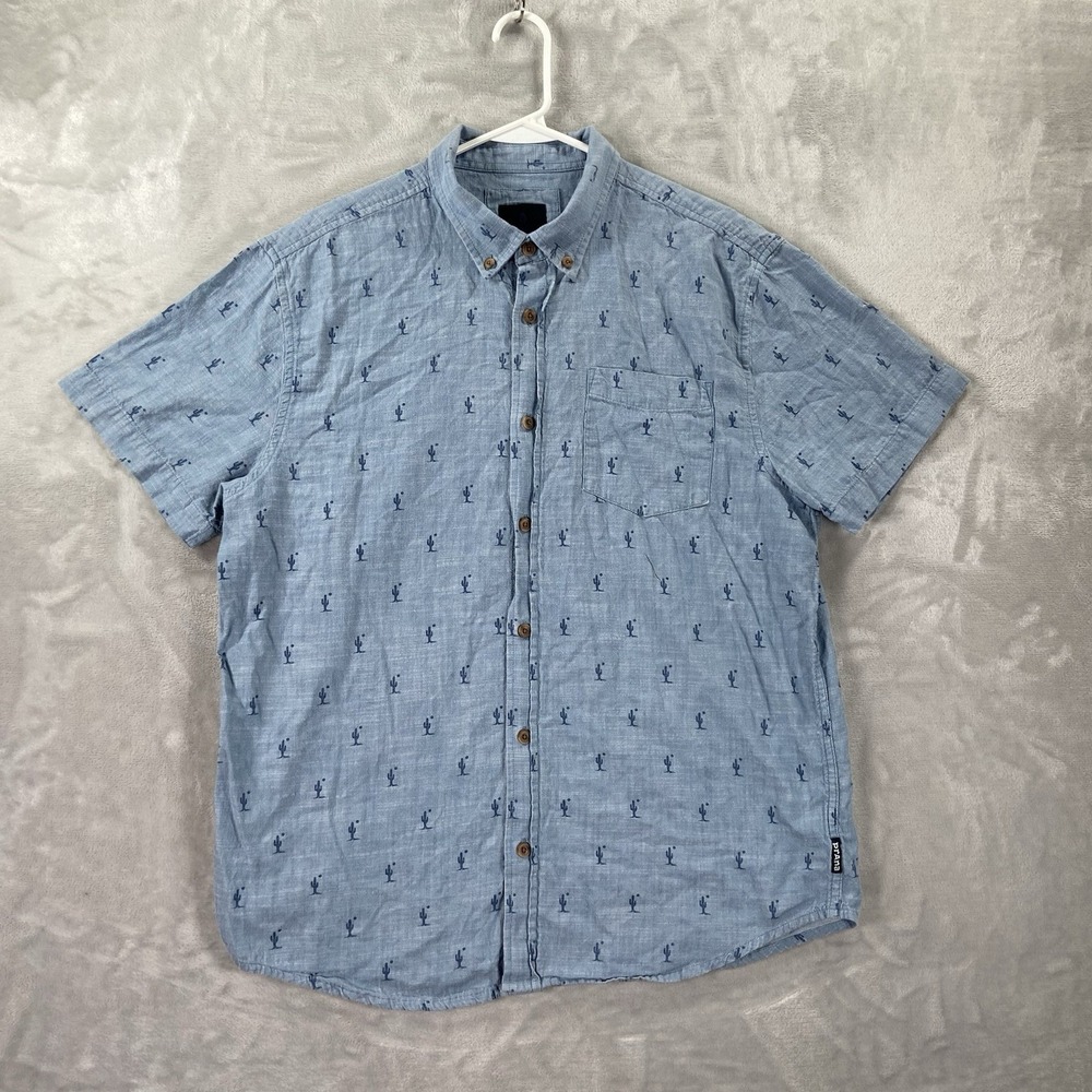 Prana Shirt Mens Large Button Down Cactus AOP Print Organic Cotton Short Sleeve